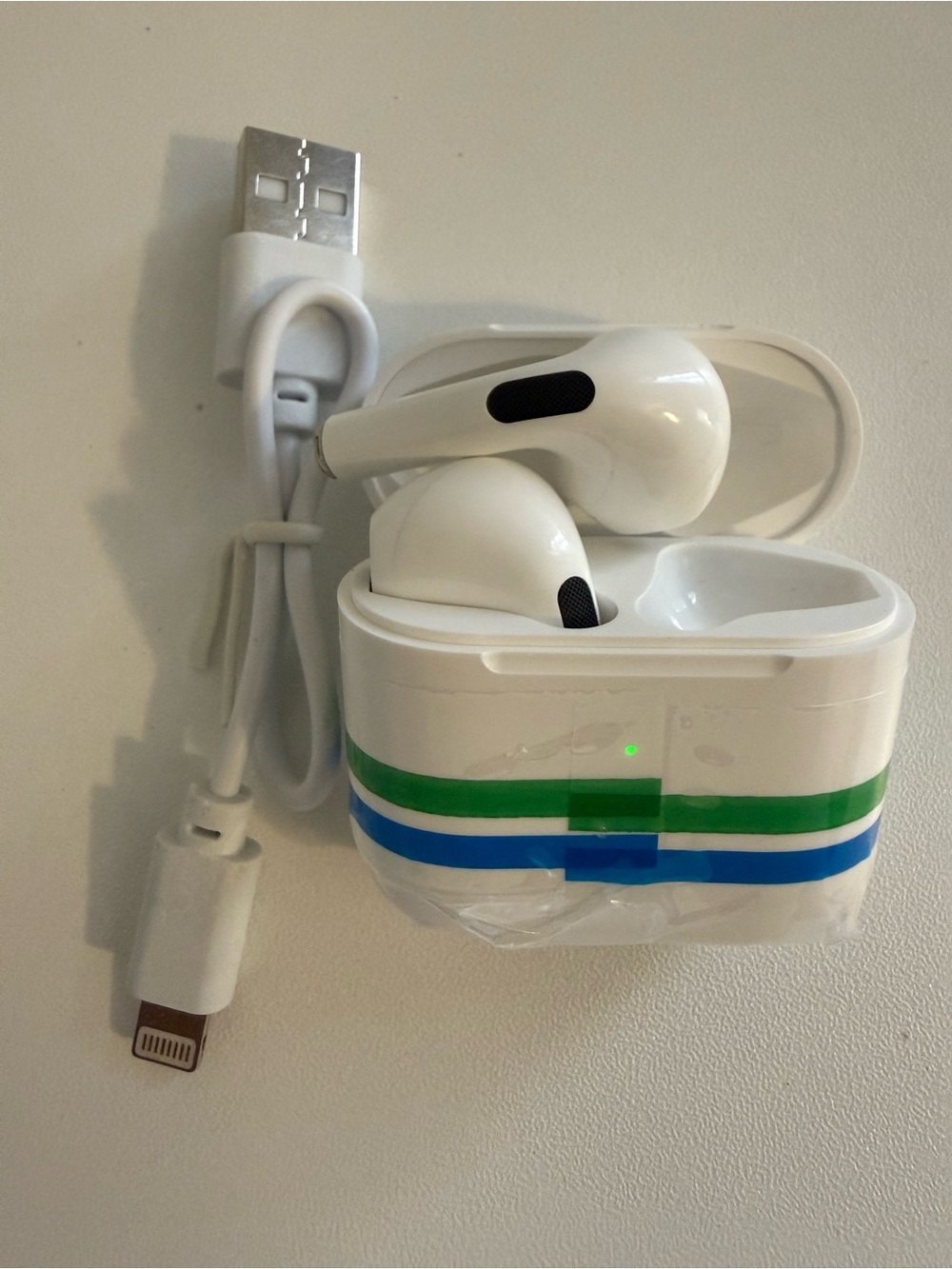 True Wireless Earbuds with Charging Case - White with Blue & Green Accent